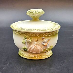 Green Porcelain Bisque Trinket Box Handpaint Victorian Romantic Couple Mandolin